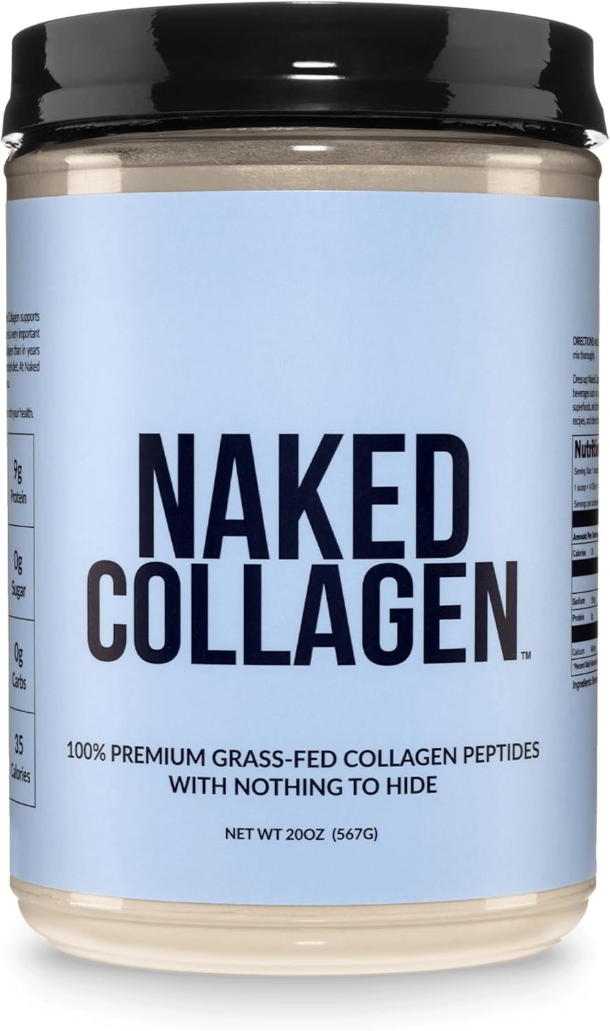 Naked Collagen premium grass-fed collagen peptides tub (labeled "NAKED COLLAGEN", 100% Premium Grass-Fed Collagen Peptides, hydrolyzed bovine)