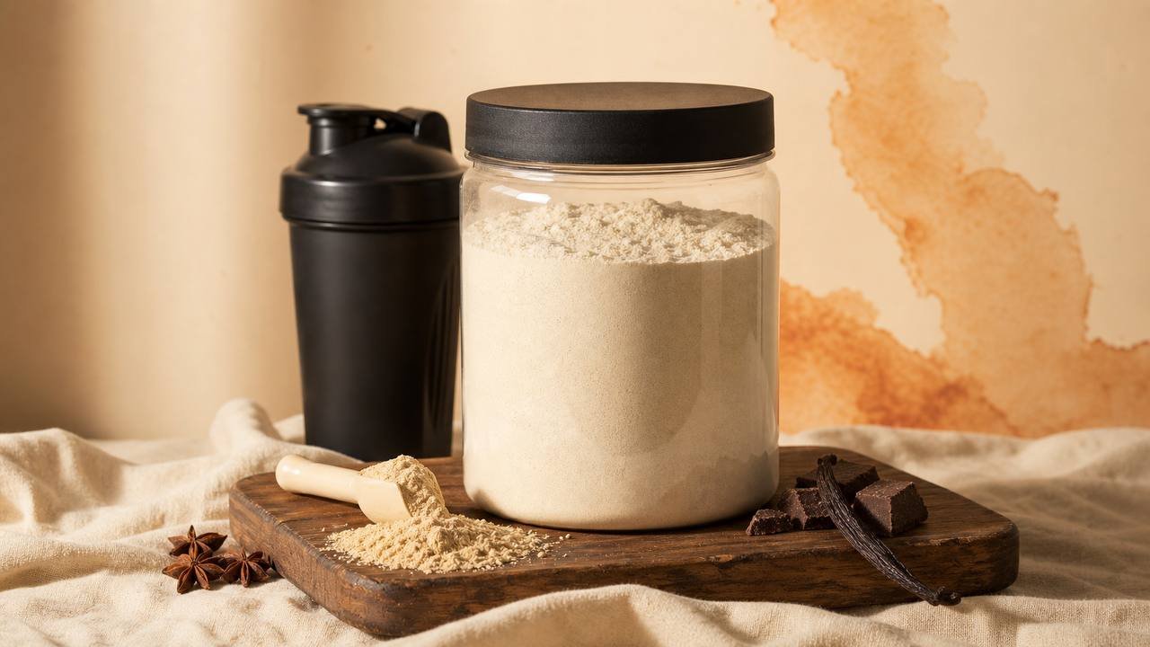 A small lineup of different protein supplement containers alongside a few whole-food protein sources on a neutral surface.